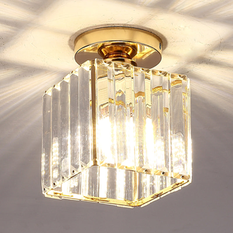 Modern Simplicity Ceiling Light Clear Striped Glass Shade Semi Flush Lamp for Bedroom Gold Square Plate Clearhalo 'Ceiling Lights' 'Close To Ceiling Lights' 'Close to ceiling' 'Glass shade' 'Glass' 'Semi-flushmount' Lighting' 2562689