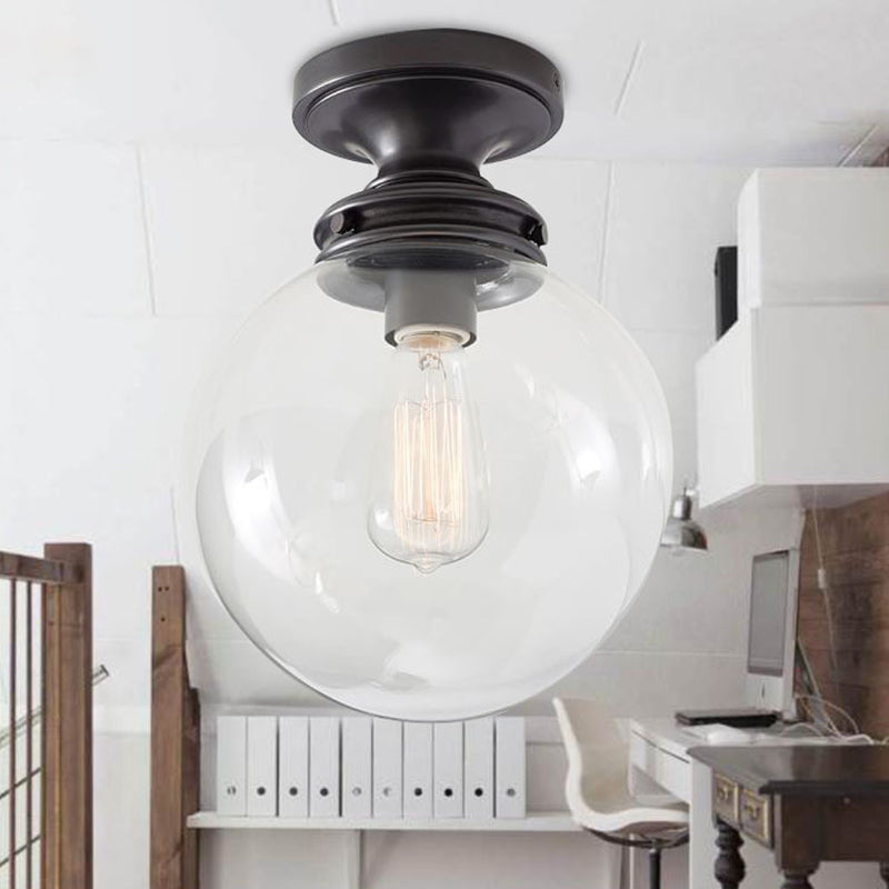 1-Light Industrial Ceiling Light with Clear Glass Shade Round Flush-mount Lamp in Black for Cloth Shop Clearhalo 'Ceiling Lights' 'Close To Ceiling Lights' 'Close to ceiling' 'Glass shade' 'Glass' 'Semi-flushmount' Lighting' 2562705