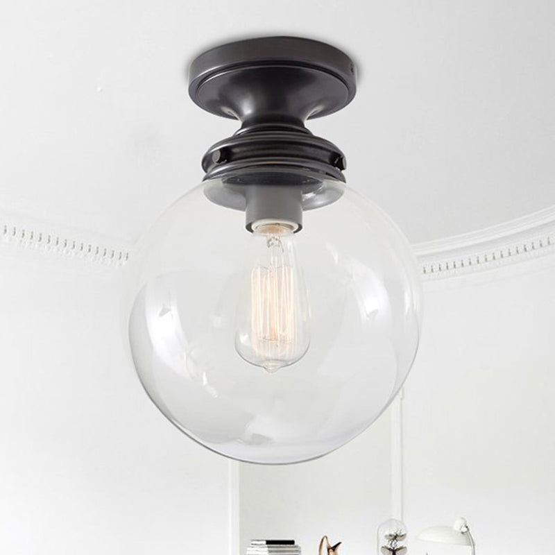 1-Light Industrial Ceiling Light with Clear Glass Shade Round Flush-mount Lamp in Black for Cloth Shop Clearhalo 'Ceiling Lights' 'Close To Ceiling Lights' 'Close to ceiling' 'Glass shade' 'Glass' 'Semi-flushmount' Lighting' 2562706