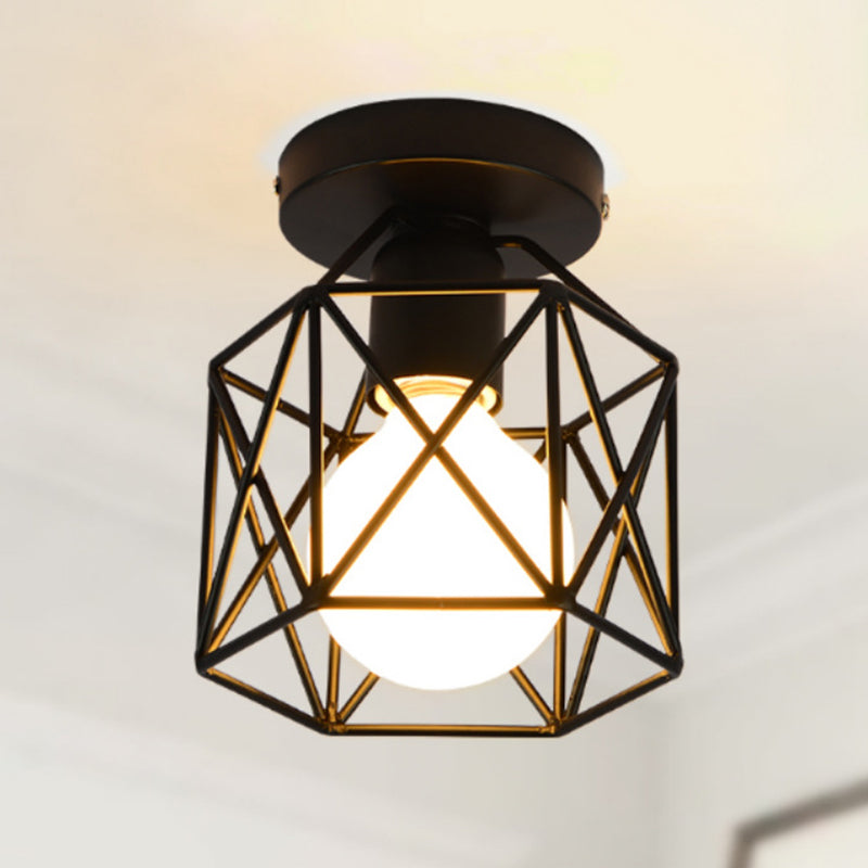 Retro Industrial Black Ceiling Light Single Light Wire Frame Semi Flush Light for Kitchen Clearhalo 'Ceiling Lights' 'Close To Ceiling Lights' 'Close to ceiling' 'Semi-flushmount' Lighting' 2562711