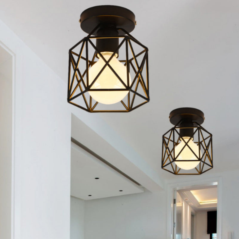 Retro Industrial Black Ceiling Light Single Light Wire Frame Semi Flush Light for Kitchen Clearhalo 'Ceiling Lights' 'Close To Ceiling Lights' 'Close to ceiling' 'Semi-flushmount' Lighting' 2562712