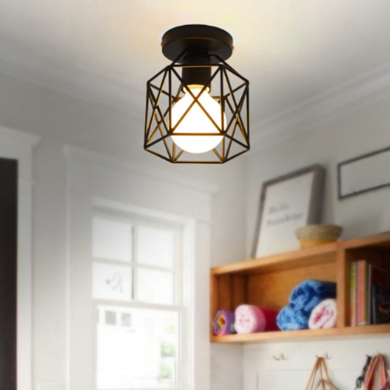 Retro Industrial Black Ceiling Light Single Light Wire Frame Semi Flush Light for Kitchen Clearhalo 'Ceiling Lights' 'Close To Ceiling Lights' 'Close to ceiling' 'Semi-flushmount' Lighting' 2562713
