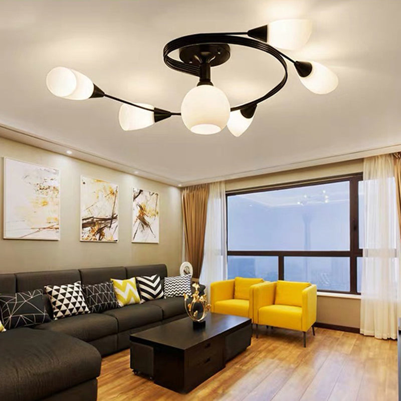 Ironwork Frosted Glass Ceiling Light Modern Style Semi Flush Mount Light with White Shade for Living Room Restaurant Clearhalo 'Ceiling Lights' 'Close To Ceiling Lights' 'Close to ceiling' 'Semi-flushmount' Lighting' 2562719