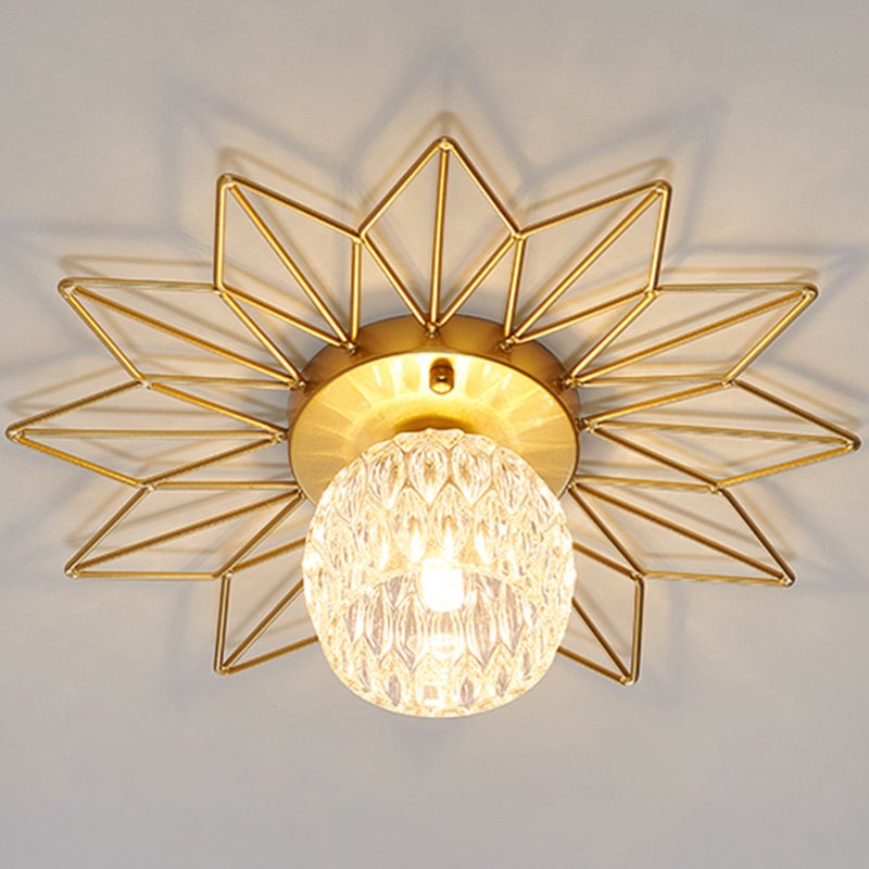 Transparent Round Semi Flush Mount Light Sunflower Iron Decoration Modern Glass Ceiling Light for Bedroom Gold 14" Flower Clearhalo 'Ceiling Lights' 'Close To Ceiling Lights' 'Close to ceiling' 'Glass shade' 'Glass' 'Semi-flushmount' Lighting' 2562736