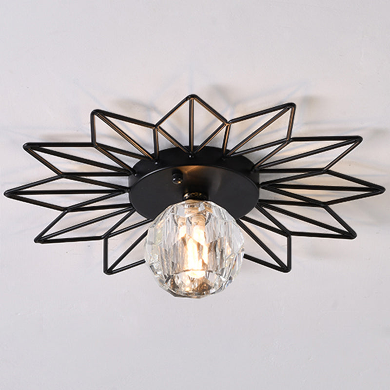 Transparent Round Semi Flush Mount Light Sunflower Iron Decoration Modern Glass Ceiling Light for Bedroom Black 14" Football Shape Clearhalo 'Ceiling Lights' 'Close To Ceiling Lights' 'Close to ceiling' 'Glass shade' 'Glass' 'Semi-flushmount' Lighting' 2562738