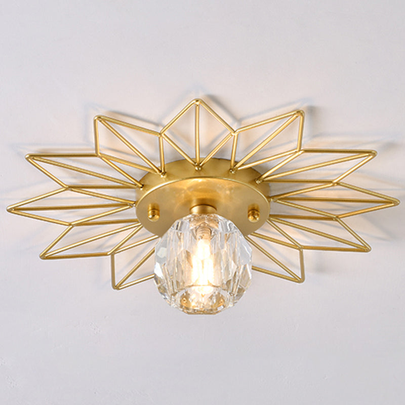 Transparent Round Semi Flush Mount Light Sunflower Iron Decoration Modern Glass Ceiling Light for Bedroom Gold 14" Football Shape Clearhalo 'Ceiling Lights' 'Close To Ceiling Lights' 'Close to ceiling' 'Glass shade' 'Glass' 'Semi-flushmount' Lighting' 2562740