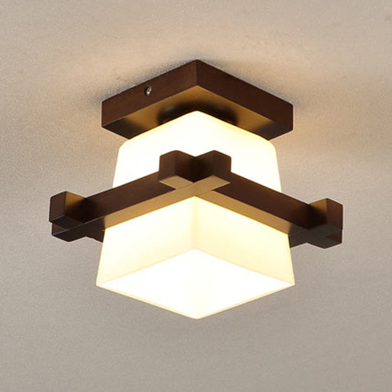 1-Light Wooden Ceiling Light Modern Simplicity Semi Flush Light with Square Glass Shade Clearhalo 'Ceiling Lights' 'Close To Ceiling Lights' 'Close to ceiling' 'Semi-flushmount' Lighting' 2562748