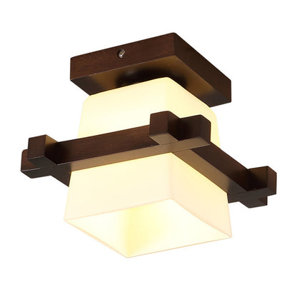 1-Light Wooden Ceiling Light Modern Simplicity Semi Flush Light with Square Glass Shade Dark Wood Clearhalo 'Ceiling Lights' 'Close To Ceiling Lights' 'Close to ceiling' 'Semi-flushmount' Lighting' 2562751