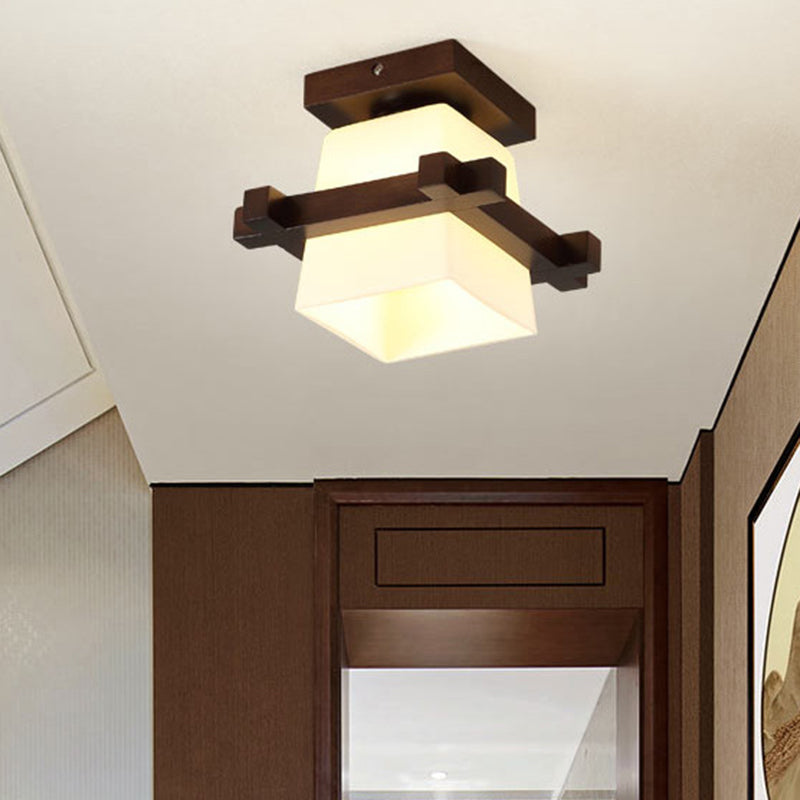 1-Light Wooden Ceiling Light Modern Simplicity Semi Flush Light with Square Glass Shade Clearhalo 'Ceiling Lights' 'Close To Ceiling Lights' 'Close to ceiling' 'Semi-flushmount' Lighting' 2562752