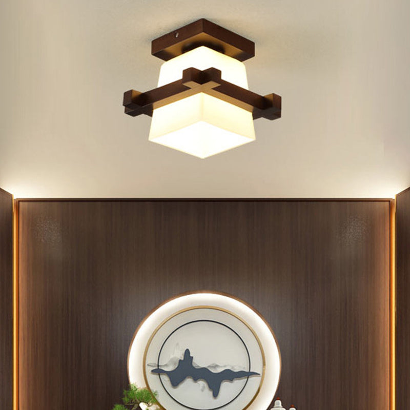 1-Light Wooden Ceiling Light Modern Simplicity Semi Flush Light with Square Glass Shade Clearhalo 'Ceiling Lights' 'Close To Ceiling Lights' 'Close to ceiling' 'Semi-flushmount' Lighting' 2562753