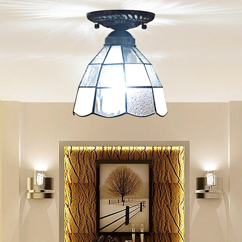 7 Inches Width White Stained Glass One-light Tiffany Semi Flush Mount Ceiling Light for Bedroom Clearhalo 'Ceiling Lights' 'Close To Ceiling Lights' 'Close to ceiling' 'Glass shade' 'Glass' 'Semi-flushmount' 'Tiffany' Lighting' 2562772