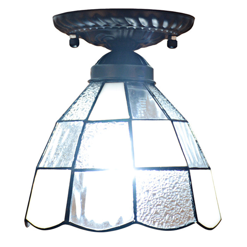 7 Inches Width White Stained Glass One-light Tiffany Semi Flush Mount Ceiling Light for Bedroom Silver Clearhalo 'Ceiling Lights' 'Close To Ceiling Lights' 'Close to ceiling' 'Glass shade' 'Glass' 'Semi-flushmount' 'Tiffany' Lighting' 2562775