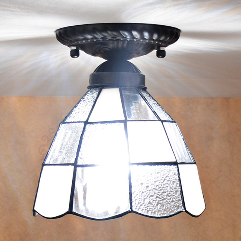7 Inches Width White Stained Glass One-light Tiffany Semi Flush Mount Ceiling Light for Bedroom Clearhalo 'Ceiling Lights' 'Close To Ceiling Lights' 'Close to ceiling' 'Glass shade' 'Glass' 'Semi-flushmount' 'Tiffany' Lighting' 2562776