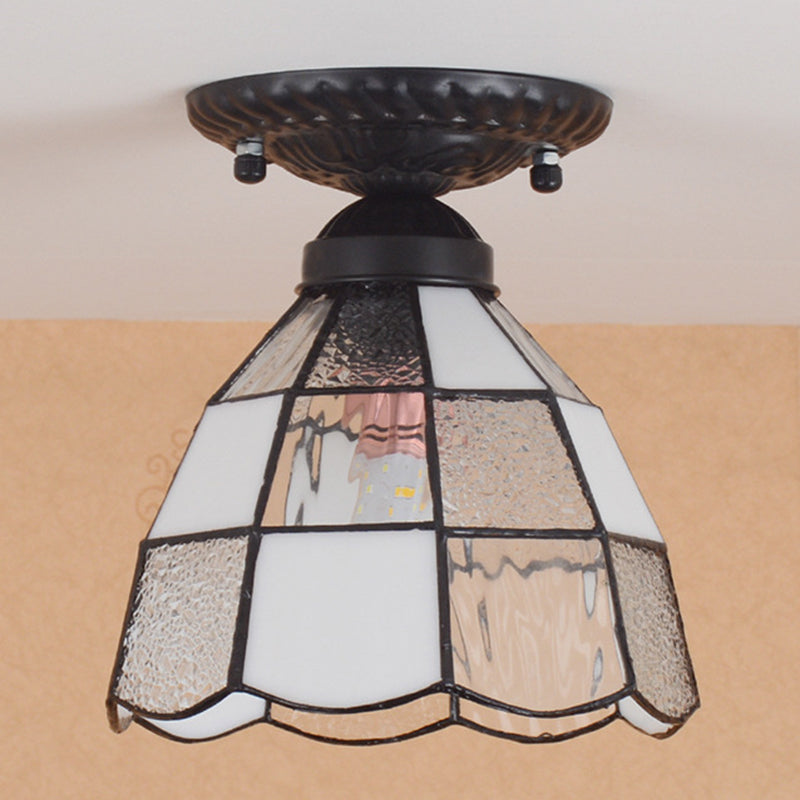 7 Inches Width White Stained Glass One-light Tiffany Semi Flush Mount Ceiling Light for Bedroom Clearhalo 'Ceiling Lights' 'Close To Ceiling Lights' 'Close to ceiling' 'Glass shade' 'Glass' 'Semi-flushmount' 'Tiffany' Lighting' 2562777