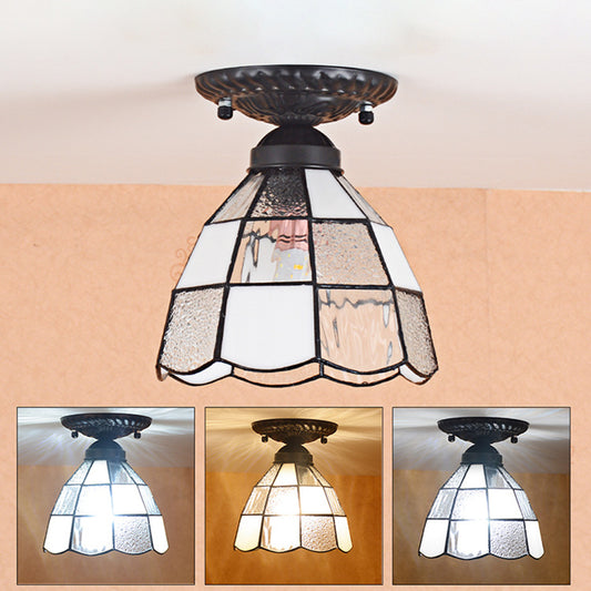 7 Inches Width White Stained Glass One-light Tiffany Semi Flush Mount Ceiling Light for Bedroom Clearhalo 'Ceiling Lights' 'Close To Ceiling Lights' 'Close to ceiling' 'Glass shade' 'Glass' 'Semi-flushmount' 'Tiffany' Lighting' 2562778
