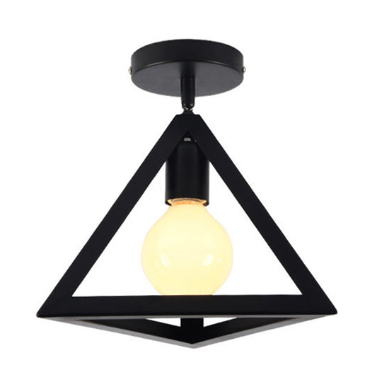 Retro Industrial Style Ceiling Light Lighting Fixture with Wrought Iron Metal Frame in Black Black Triangle Clearhalo 'Ceiling Lights' 'Close To Ceiling Lights' 'Close to ceiling' 'Semi-flushmount' Lighting' 2562811