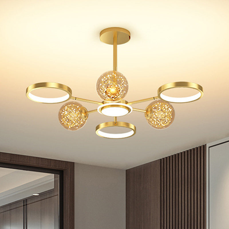 Ring and Ball Chandelier Pendant Light Ultra-Contemporary Metal Hanging Pendant Lights for Living Room 6 Gold Clearhalo 'Ceiling Lights' 'Chandeliers' 'Modern Chandeliers' 'Modern' Lighting' 2563005
