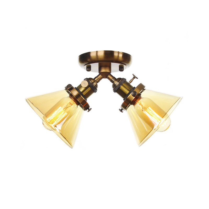 2 Heads Restaurant Ceiling Light Fixture Vintage Style Black/Bronze Semi Flush Mount Light with Conic Amber/Clear Glass Shade Clearhalo 'Ceiling Lights' 'Chandeliers' 'Close To Ceiling Lights' 'Close to ceiling' 'Glass shade' 'Glass' 'Semi-flushmount' Lighting' 256303