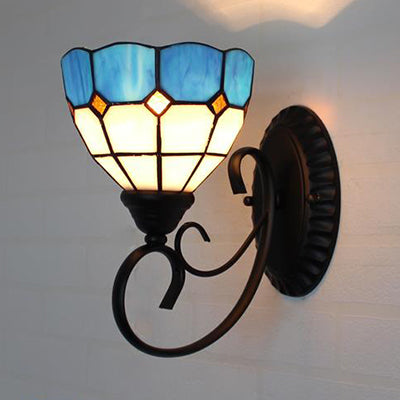 Tiffany Scalloped Edged Wall Lamp Stained Glass 1 Head Multicolored Wall Mount Fixture in Sky Blue/Beige/Blue-White for Stairway Clearhalo 'Industrial' 'Middle century wall lights' 'Tiffany wall lights' 'Tiffany' 'Wall Lamps & Sconces' 'Wall Lights' Lighting' 25631