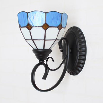 Tiffany Scalloped Edged Wall Lamp Stained Glass 1 Head Multicolored Wall Mount Fixture in Sky Blue/Beige/Blue-White for Stairway Clearhalo 'Industrial' 'Middle century wall lights' 'Tiffany wall lights' 'Tiffany' 'Wall Lamps & Sconces' 'Wall Lights' Lighting' 25632