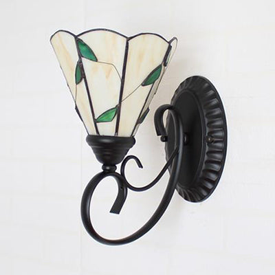 Tiffany Scalloped Edged Wall Lamp Stained Glass 1 Head Multicolored Wall Mount Fixture in Sky Blue/Beige/Blue-White for Stairway Clearhalo 'Industrial' 'Middle century wall lights' 'Tiffany wall lights' 'Tiffany' 'Wall Lamps & Sconces' 'Wall Lights' Lighting' 25635