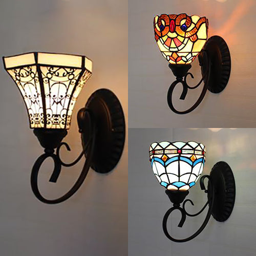 Colorful Wall Sconce Lodge Stained Glass 1 Light Wall Sconce Lamp Fixture in White/Brown/Blue for Corridor Clearhalo 'Industrial' 'Middle century wall lights' 'Tiffany wall lights' 'Tiffany' 'Wall Lamps & Sconces' 'Wall Lights' Lighting' 25639