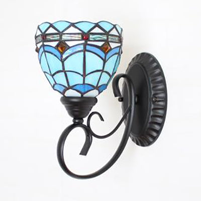 Colorful Wall Sconce Lodge Stained Glass 1 Light Wall Sconce Lamp Fixture in White/Brown/Blue for Corridor Clearhalo 'Industrial' 'Middle century wall lights' 'Tiffany wall lights' 'Tiffany' 'Wall Lamps & Sconces' 'Wall Lights' Lighting' 25640