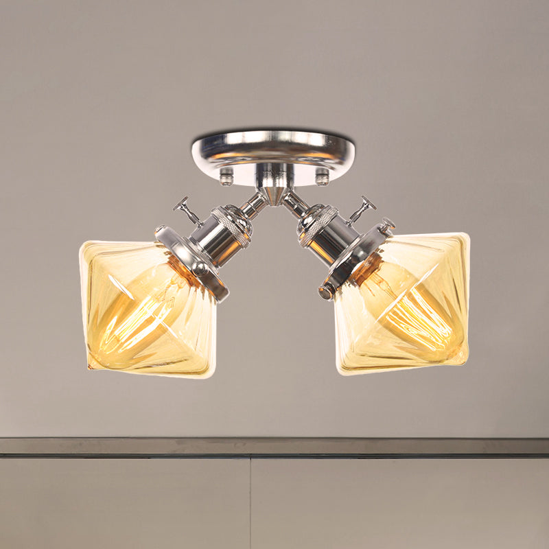 Diamond Amber/Clear Glass Semi Mount Lighting Farmhouse 2 Lights Black/Bronze Semi Flush Light Fixture for Restaurant Clearhalo 'Ceiling Lights' 'Close To Ceiling Lights' 'Close to ceiling' 'Semi-flushmount' Lighting' 256400
