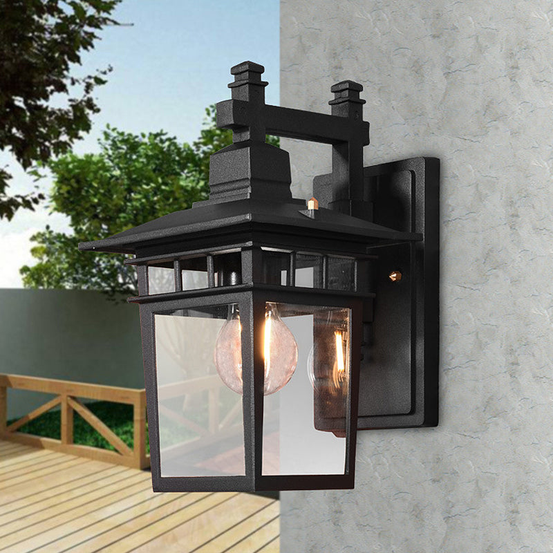 Lantern Clear Glass Wall Hanging Light Industrial Single Bulb Porch Sconce Lamp in Black Black B Clearhalo 'Cast Iron' 'Glass' 'Industrial wall lights' 'Industrial' 'Middle century wall lights' 'Modern' 'Tiffany' 'Traditional wall lights' 'Wall Lamps & Sconces' 'Wall Lights' Lighting' 256405