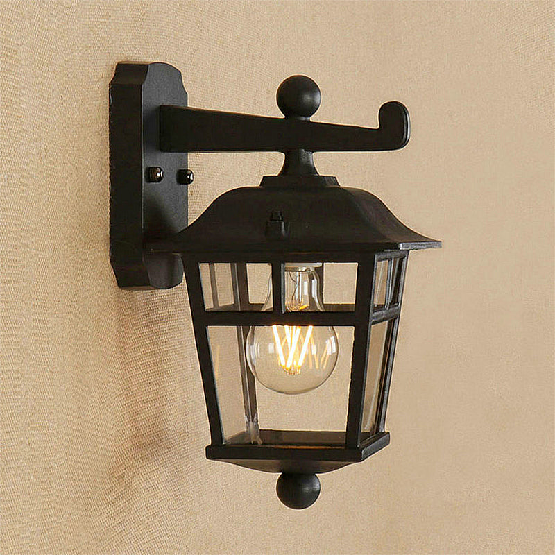 Lantern Clear Glass Wall Hanging Light Industrial Single Bulb Porch Sconce Lamp in Black Clearhalo 'Cast Iron' 'Glass' 'Industrial wall lights' 'Industrial' 'Middle century wall lights' 'Modern' 'Tiffany' 'Traditional wall lights' 'Wall Lamps & Sconces' 'Wall Lights' Lighting' 256407