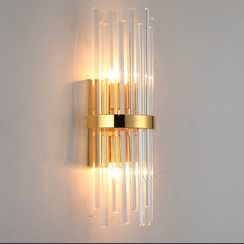 Cylinder Wall Light Fixture Modern Tri-Sided Crystal Rod 2 Heads Gold Sconce Light