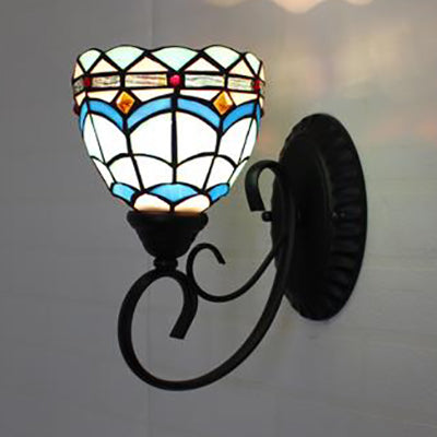 Colorful Wall Sconce Lodge Stained Glass 1 Light Wall Sconce Lamp Fixture in White/Brown/Blue for Corridor Blue Clearhalo 'Industrial' 'Middle century wall lights' 'Tiffany wall lights' 'Tiffany' 'Wall Lamps & Sconces' 'Wall Lights' Lighting' 25641