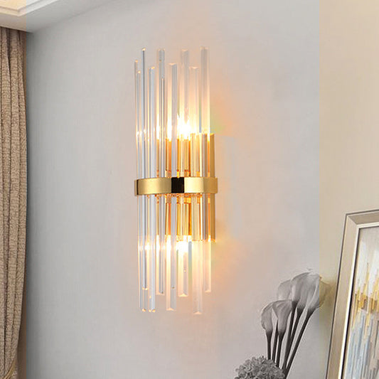 Cylinder Wall Light Fixture Modern Tri-Sided Crystal Rod 2 Heads Gold Sconce Light Clearhalo 'Modern wall lights' 'Modern' 'Wall Lamps & Sconces' 'Wall Lights' Lighting' 256410