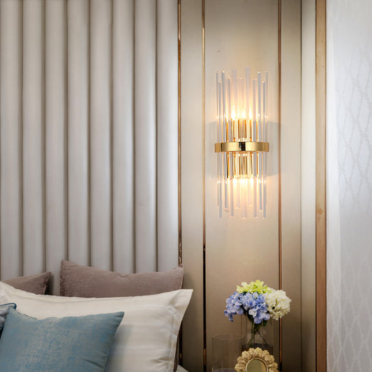 Cylinder Wall Light Fixture Modern Tri-Sided Crystal Rod 2 Heads Gold Sconce Light Clearhalo 'Modern wall lights' 'Modern' 'Wall Lamps & Sconces' 'Wall Lights' Lighting' 256411