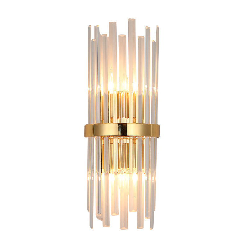 Cylinder Wall Light Fixture Modern Tri-Sided Crystal Rod 2 Heads Gold Sconce Light Clearhalo 'Modern wall lights' 'Modern' 'Wall Lamps & Sconces' 'Wall Lights' Lighting' 256412