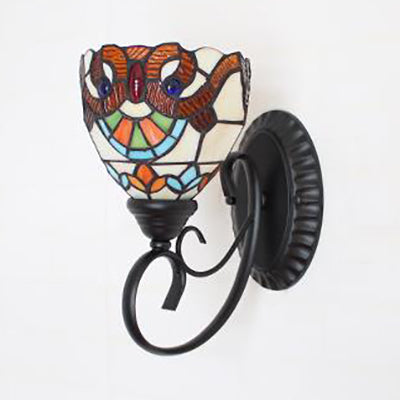 Colorful Wall Sconce Lodge Stained Glass 1 Light Wall Sconce Lamp Fixture in White/Brown/Blue for Corridor Clearhalo 'Industrial' 'Middle century wall lights' 'Tiffany wall lights' 'Tiffany' 'Wall Lamps & Sconces' 'Wall Lights' Lighting' 25642