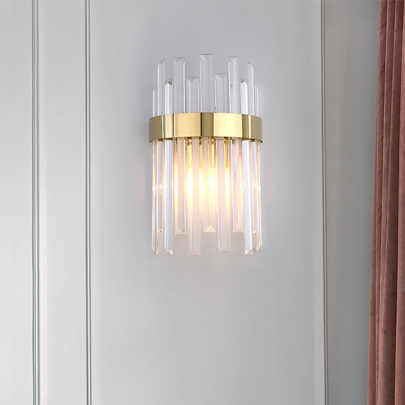 2 Heads Bedroom Wall Light Postmodern Black/Gold Sconce Light Fixture with Half-Cylinder Three Side Crystal Rod Shade Clearhalo 'Modern wall lights' 'Modern' 'Wall Lamps & Sconces' 'Wall Lights' Lighting' 256434