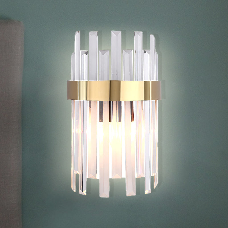 2 Heads Bedroom Wall Light Postmodern Black/Gold Sconce Light Fixture with Half-Cylinder Three Side Crystal Rod Shade Clearhalo 'Modern wall lights' 'Modern' 'Wall Lamps & Sconces' 'Wall Lights' Lighting' 256435
