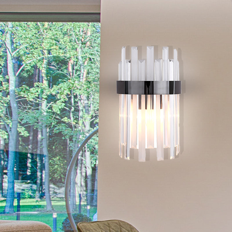 2 Heads Bedroom Wall Light Postmodern Black/Gold Sconce Light Fixture with Half-Cylinder Three Side Crystal Rod Shade Clearhalo 'Modern wall lights' 'Modern' 'Wall Lamps & Sconces' 'Wall Lights' Lighting' 256439