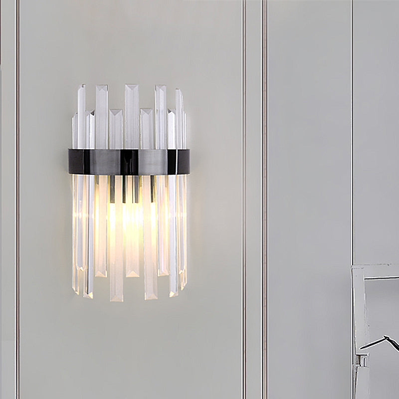 2 Heads Bedroom Wall Light Postmodern Black/Gold Sconce Light Fixture with Half-Cylinder Three Side Crystal Rod Shade Clearhalo 'Modern wall lights' 'Modern' 'Wall Lamps & Sconces' 'Wall Lights' Lighting' 256440