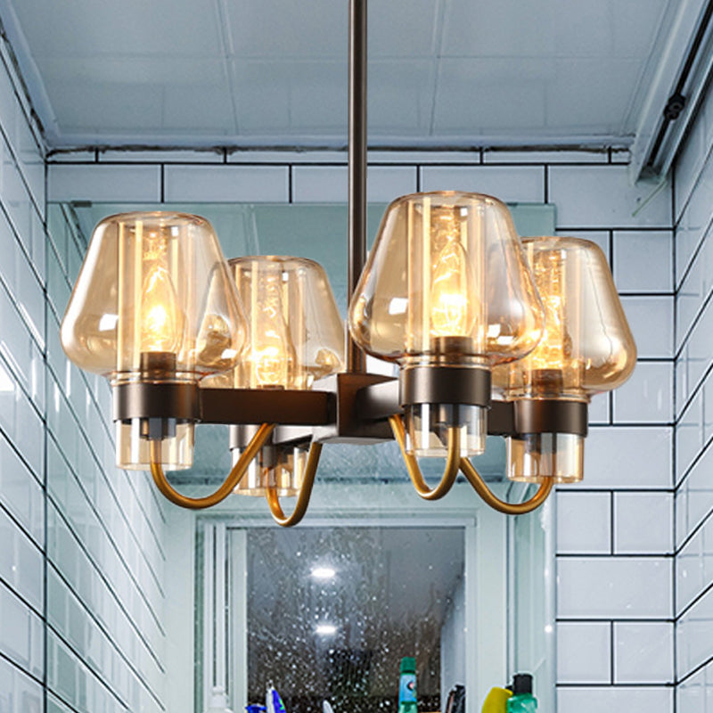 Colonial Style Wine Cup Ceiling Chandelier 4 Lights Clear/Blue/Amber Glass Hanging Pendant Light Amber Clearhalo 'Ceiling Lights' 'Chandeliers' 'Glass shade' 'Glass' 'Pendant Lights' Lighting' 256510