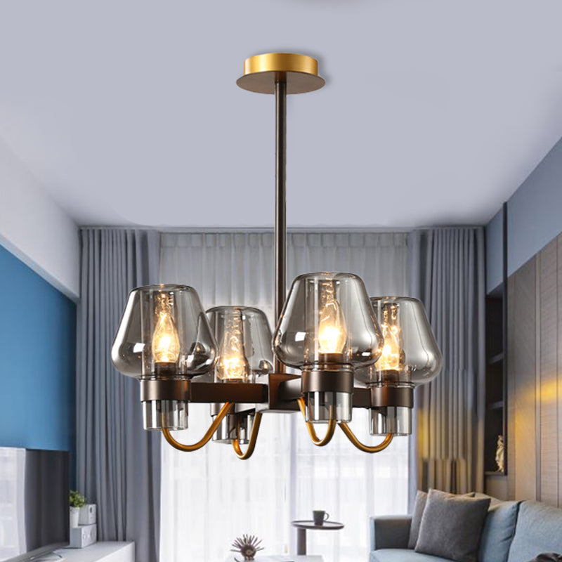 Colonial Style Wine Cup Ceiling Chandelier 4 Lights Clear/Blue/Amber Glass Hanging Pendant Light Smoke Gray Clearhalo 'Ceiling Lights' 'Chandeliers' 'Glass shade' 'Glass' 'Pendant Lights' Lighting' 256516