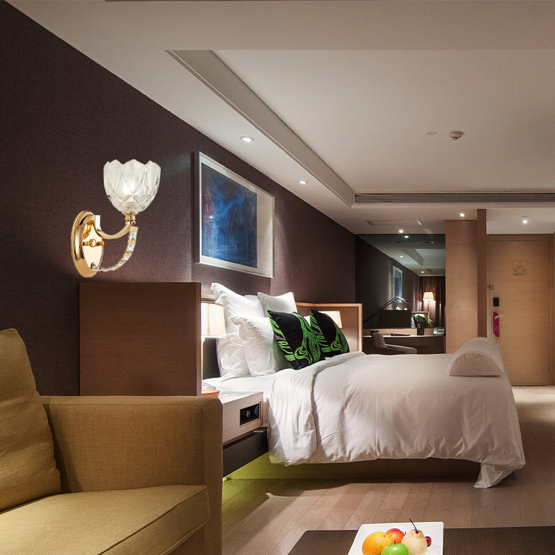 1 Head Bedroom Wall Light Modern Brass Sconce Light Fixture with Bowl/Cylinder Clear Glass Shade Clearhalo 'Modern wall lights' 'Modern' 'Wall Lamps & Sconces' 'Wall Lights' Lighting' 256523