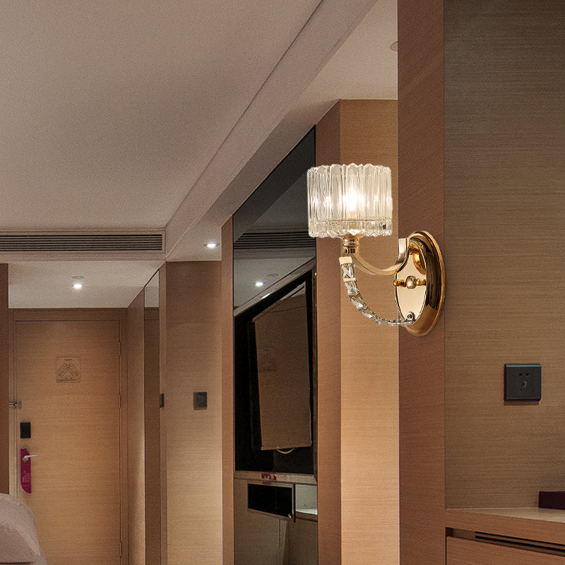 1 Head Bedroom Wall Light Modern Brass Sconce Light Fixture with Bowl/Cylinder Clear Glass Shade Clearhalo 'Modern wall lights' 'Modern' 'Wall Lamps & Sconces' 'Wall Lights' Lighting' 256527