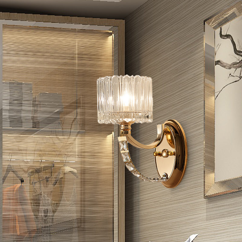 1 Head Bedroom Wall Light Modern Brass Sconce Light Fixture with Bowl/Cylinder Clear Glass Shade Clearhalo 'Modern wall lights' 'Modern' 'Wall Lamps & Sconces' 'Wall Lights' Lighting' 256528