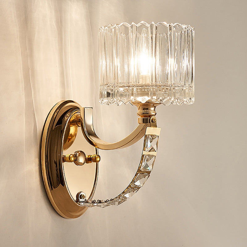 1 Head Bedroom Wall Light Modern Brass Sconce Light Fixture with Bowl/Cylinder Clear Glass Shade Clearhalo 'Modern wall lights' 'Modern' 'Wall Lamps & Sconces' 'Wall Lights' Lighting' 256529