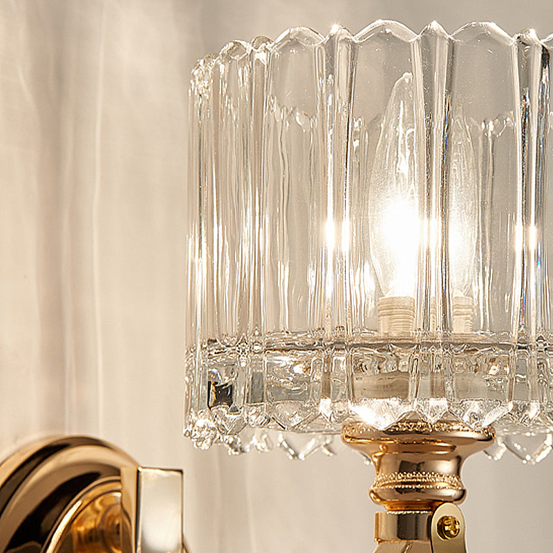 1 Head Bedroom Wall Light Modern Brass Sconce Light Fixture with Bowl/Cylinder Clear Glass Shade Clearhalo 'Modern wall lights' 'Modern' 'Wall Lamps & Sconces' 'Wall Lights' Lighting' 256531