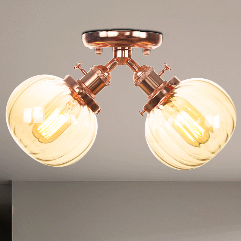 Amber/Clear Glass Ball Semi Flush Pendant Light Industrial Style 2 Heads Black/Bronze Ceiling Mounted Lamp for Restaurant Rose Gold Amber Clearhalo 'Ceiling Lights' 'Close To Ceiling Lights' 'Close to ceiling' 'Glass shade' 'Glass' 'Semi-flushmount' Lighting' 256592