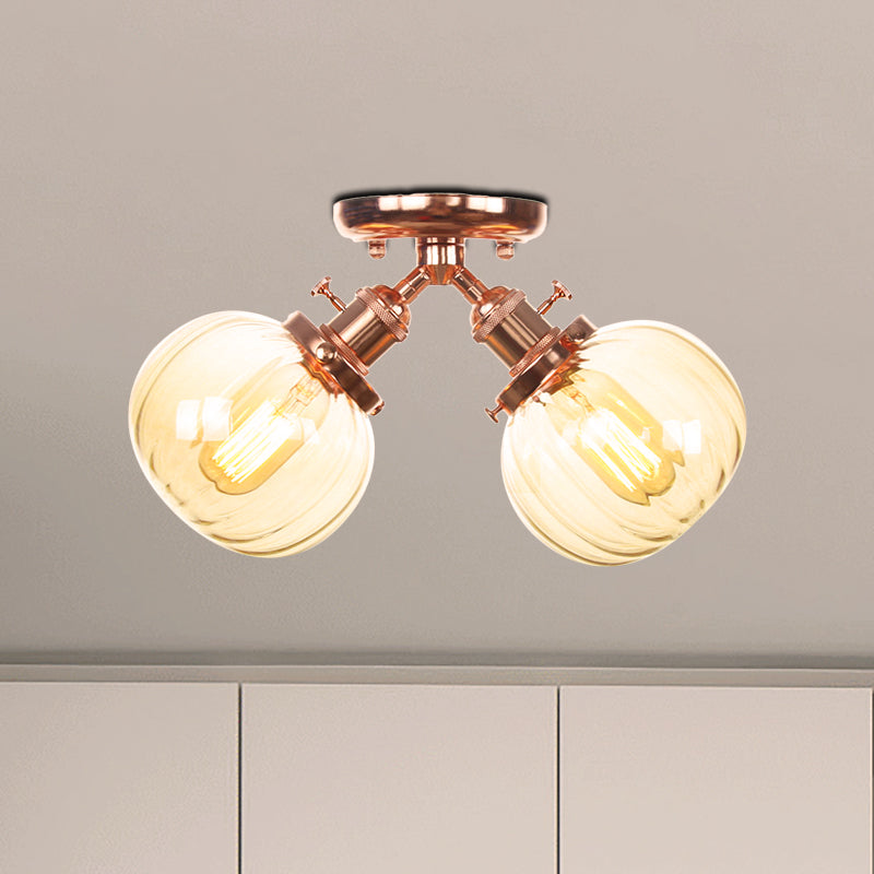 Amber/Clear Glass Ball Semi Flush Pendant Light Industrial Style 2 Heads Black/Bronze Ceiling Mounted Lamp for Restaurant Clearhalo 'Ceiling Lights' 'Close To Ceiling Lights' 'Close to ceiling' 'Glass shade' 'Glass' 'Semi-flushmount' Lighting' 256593