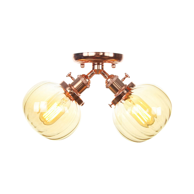 Amber/Clear Glass Ball Semi Flush Pendant Light Industrial Style 2 Heads Black/Bronze Ceiling Mounted Lamp for Restaurant Clearhalo 'Ceiling Lights' 'Close To Ceiling Lights' 'Close to ceiling' 'Glass shade' 'Glass' 'Semi-flushmount' Lighting' 256594